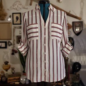 Express Original Fit Portofino Shirt - Cream w/ Red/Navy Stripes - M